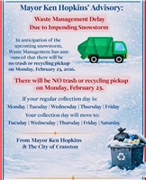 Waste Pick Up Delay Due to Pending Snow Storm